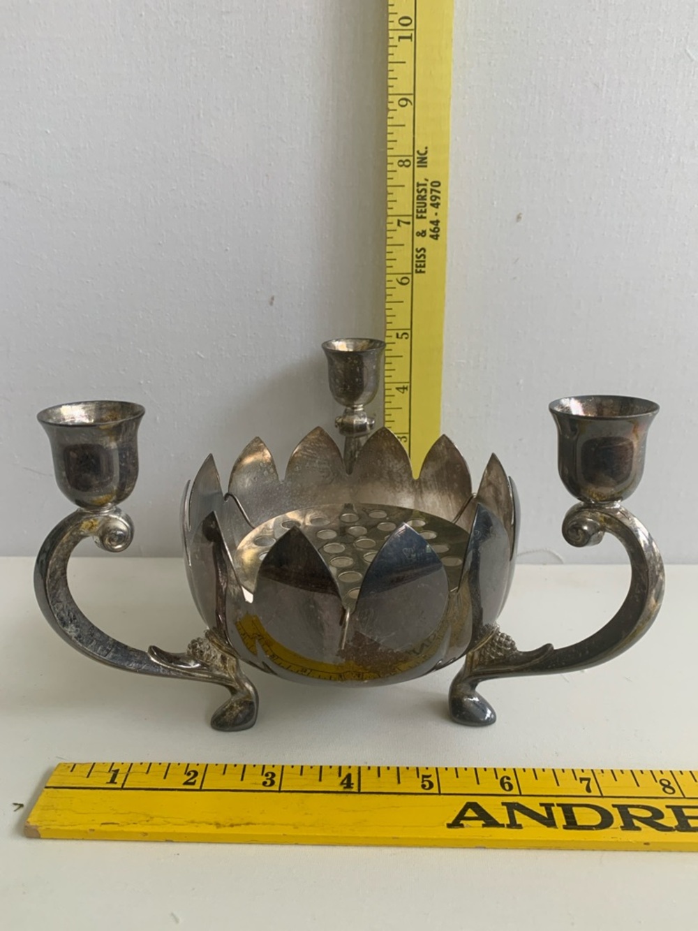 Vintage Silverplate Triple Candle Holder with Lotus flower frog vase